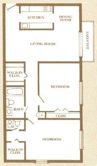 Floor plan for 2 beds, 2 baths, 840 sqft